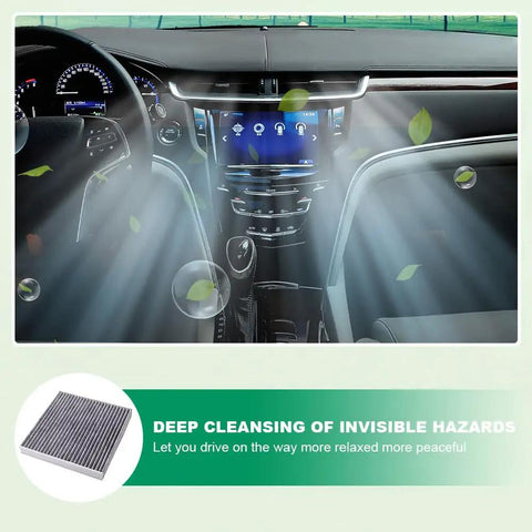 Illustration showing fresh air circulating inside a car due to Premium Cabin Air Filter With Activated Carbon For Cars Keeps Your Ride Breathing Easy Three Layer Filtration Captures 99 Percent Of Dust Pollen Soot Odors Providing Fresh Air For Passengers Fits Acura Civic CR V Odyssey CSX Replaces CF10134 use.