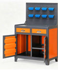 Built Legit Tough Heavy Duty Garage Workbench With Pegboard And Hanging Parts Bins For Your Shop Featuring Lockable Drawers And Bulletproof Steel Shelves To Kick Your Tool Layout Up, featuring orange and grey design, multiple bins.