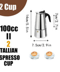 Image with dimensions of 2 Cup Stovetop Espresso Maker In Stainless Steel Moka Pot For Home And On The Go Camping Italian Style Mocha Brew Pot Induction Compatible 100 Ml 3.3 Oz Quick 5 Minute Espresso Rich Aroma And Easy Pour, showing size and capacity.