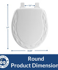 Round White Toilet Seat With Sculptured Ivy Design, Durable Wood Construction, Easy Clean Hinges, 17" x 14.25" Dimensions
