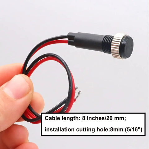 Blue LED Indicator Light For Dash Dope High Beam Signal with 8 inch wire and 5/16 inch mount hole, shown in hand for scale.