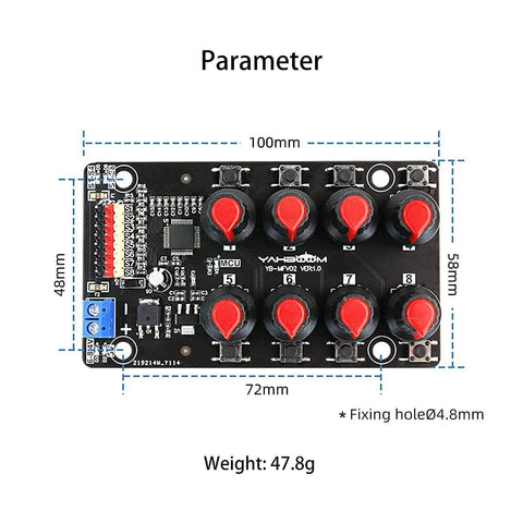 Top view of 8 Channel RC Servo Tester With Independent 8 Channel Interface and Over Current Protection, shows dimensions and weight.