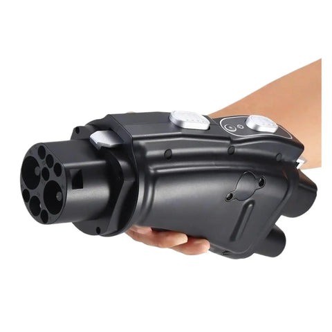 Rock Solid CCS2 To GBT EV Charging Adapter DC 250 Amps 1000 Volts 250 Kilowatts Certified Plug held in hand for easy use.