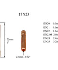 TIG Collets 13N23 Three Thirty Second Inch Orifice And Two Point Four Millimeter Orifice, copper, shown with dimensions and metric sizes.