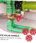 Ten Pack Cast Gate Hand Wheel Handles for Valve and Plumbing Use, red handles on green pipes, precise fluid control