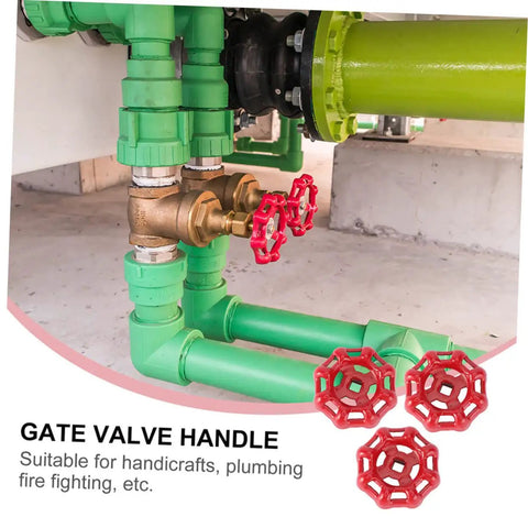 Ten Pack Cast Gate Hand Wheel Handles for Valve and Plumbing Use, red handles on green pipes, precise fluid control