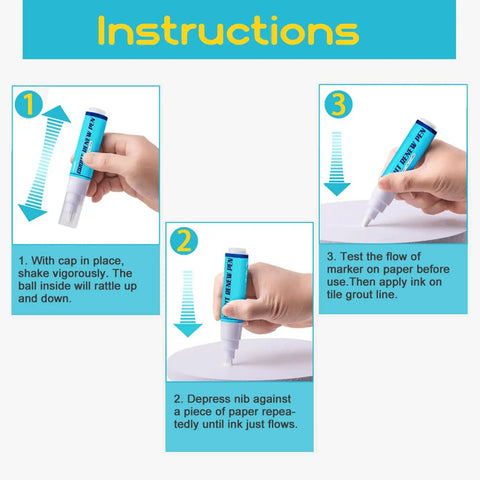 Instructions for using Grout Renewal Pen White Kit For Tile Gaps, Two 20ml Pens With Replacement Nibs And Cleaning Brush.