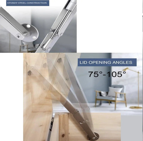 Heavy Duty Chest Lid Supports 200N 60lb Soft Close Hinges for Large Wooden Chests Long Hinges with Slow Lowering Pneumatic Lid Lifter Gas Struts for Durable Box Furniture showing lid opening angles 75-105°.