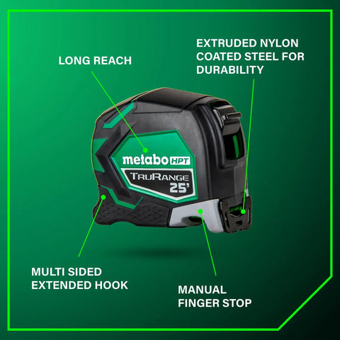 TruRange 25 Ft Measuring Tape With 17 Ft Standout, High Visibility Green Blade, Nylon Coated Steel, features labeled