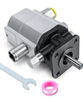 High-Flow 16 Gpm Two Stage Hydraulic Log Splitter Pump With 3000 Psi Rating For Heavy Duty Wood Processing Fast Cycles and Durable Performance In Your Garage Or Shop Today, showing pump with fittings and tool.