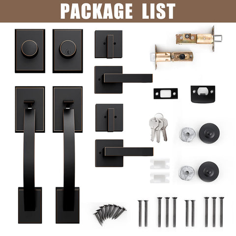 Front Door Lock Set With Double Door Handle And Dummy Exterior Lock Oil Rubbed Bronze Zinc Alloy Universal Reversible Design Matte Black Finish Easy Install