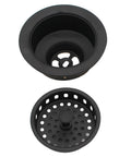 Combo Pack Built Tough Post Style Kitchen Sink Basket Strainer With Extra Deep Collar Waste Disposal Flange And Stopper, Solid Brass, Fits 3-1/2 Inch Openings, 4-3/8 Inch Rim Diameter, 2-9/16 Inch Tall, Matte Black Finish.