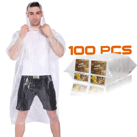 Your Go To Disposable Rain Ponchos With Drawstring Hood For Adults, Emergency Family Pack, clear ponchos displayed with packaging