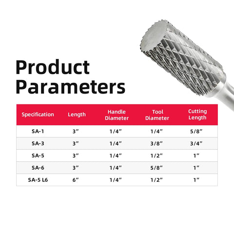 Pro Grade Solid Carbide Rotary Burr File Cylindrical Double Cut For Metalworking And Toolmaking One Quarter Inch Shank Diameter Five Eighths Inch Tool Length Heavy Duty Mold Grinder Drill Bit with product parameters chart.
