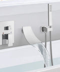 Wall mounted waterfall bathtub faucet kit with handheld shower, polished chrome finish, showing water flow into bathtub