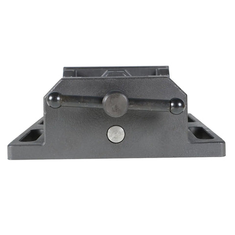 Front view of Heavy Duty Six Inch Iron Cast Drill Press Vise Featuring Precision Guide Rods and Rock Solid Hardened Steel Jaws.
