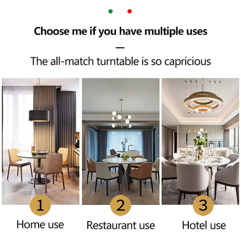 Heavy Duty Kitchen Lazy Susan Turntable With Glass Rotating Tray And Aluminum Swivel Base shown in home, restaurant, hotel settings.