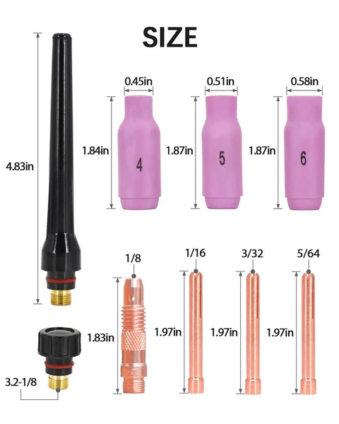 Components of TIG Welding Torch WP17V Four Meter Welder Gun For Lift TIG Arc, including nozzles and collets, shown with sizes