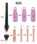 Pro Grade Heavy Duty TIG Welding Gun WP26V accessories, including nozzles and collets, with dimensions for 4M cable