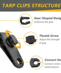 Heavy Duty Tarp Clips With Lock Grip 16 Pack Tarp Clamps For Tent Awnings, showing gear-shaped design and thumb screw.