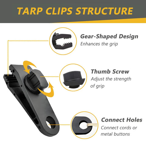 Heavy Duty Tarp Clips With Lock Grip 16 Pack Tarp Clamps For Tent Awnings, showing gear-shaped design and thumb screw.