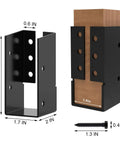 Concealed Joist Hangers For Outdoor Projects 2x4 6 Piece Bracket Set With Screws, black steel, shown with wood beam and dimensions