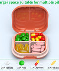 Portable 4 Compartment Pill Organizer Mini Travel Pill Box open showing pills, tablets, fish oil; Easy Carry On Travel Organizer.