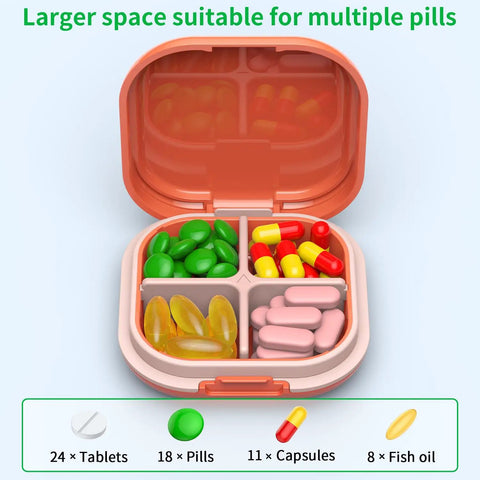 Portable 4 Compartment Pill Organizer Mini Travel Pill Box open showing pills, tablets, fish oil; Easy Carry On Travel Organizer.