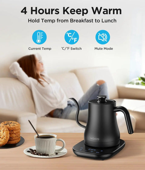 Gooseneck Electric Kettle With Next Level Temperature Control And Mute Mode, 0.8L Pour Over Kettle in kitchen setting.