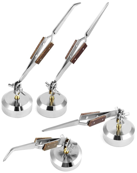 Two Pack Third Hand Tweezers with Straight and Curved Tips, Cross-Locking Clamps and 360 Degree Rotating Base for Jewelry Making