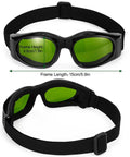 Dubofu laser safety goggles, front and side views; black frame with green lenses and adjustable strap.