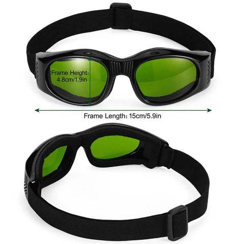 Dubofu laser safety goggles, front and side views; black frame with green lenses and adjustable strap.