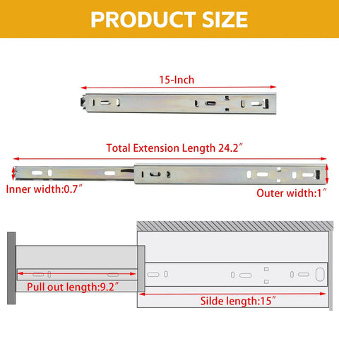 Built Tough 15 Inch Side Mount Cabinet Drawer Slides Featuring Steel Ball Bearings dimensions diagram with measurements.