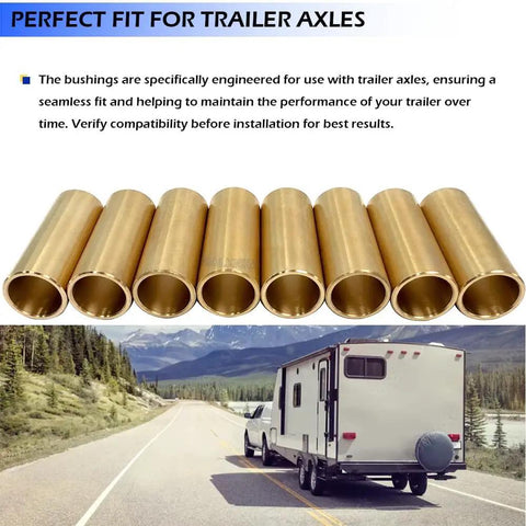 Eight Piece Beefy Brass Leaf Spring Bushing Kit For Trailer Axles With 9/16 Inch ID And 11/16 Inch OD, shown in use with trailer