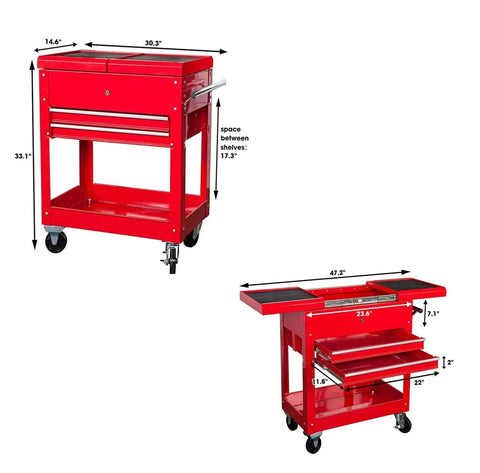 Mobile Tool Cart On Wheels For Garage And Workshop Heavy Duty Rolling Organizer with two drawers and tray top work surface