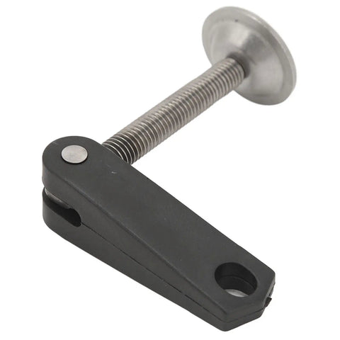 Close-up of Outboard Transom Clamp Screw And Handle Assembly in stainless steel for 40HP E40G Boats. Marine Grade Bolt.