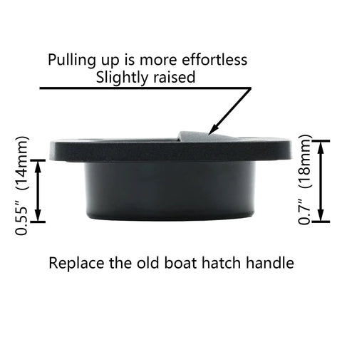 Side view of a black nylon flush pull hatch handle for boats, showing measurements, part of a 4-pack, for recessed square lids.