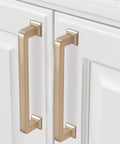 Champagne Bronze Cabinet Handles Set of 10, 5 Inch (128mm) Drawer Pulls installed on white kitchen cabinet doors