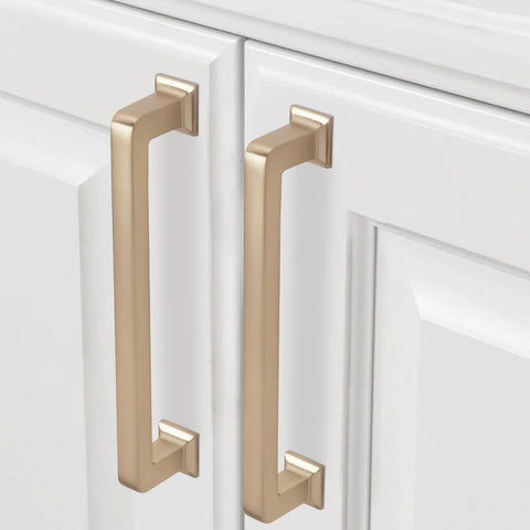 Champagne Bronze Cabinet Handles Set of 10, 5 Inch (128mm) Drawer Pulls installed on white kitchen cabinet doors