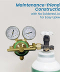 Front view of Flame Tech high-pressure piston regulator for inert gas with dual gauges on a forged brass body.