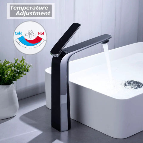 Tall Matte Black And Chrome Bathroom Vessel Sink Faucet With Single Lever One Hole Vanity Tap in use, temperature chart visible.