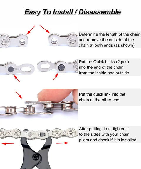 Installation steps for Bike Chain Repair Tool Kit With Link Pliers And Five Pairs Quick Link Connectors For 10 Speed Chains