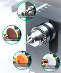 Close-up of Compact Electric Mini Table Saw Hella Tough Woodworking Bench with glass hole opener and polishing wheels.