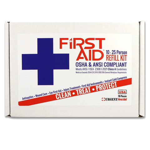 OSHA/ANSI First Aid kit refill for 10–25 people, 78 pieces; white box with blue cross label.