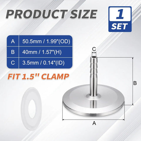 Top Shelf Pro Grade One Point Five Inch Tri Clamp To Quarter Inch Hose Barb Adapter Connector Solid SUS304 Stainless Steel with dimensions