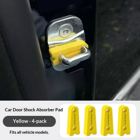 Yellow car door lock shock absorber pad installed, shown as 4-pack, adhesive backing, noise dampening bumpers for cars, SUVs, trucks.