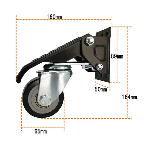 Heavy Duty Retractable Caster Wheels For Workbenches Tables 300Kg Load Capacity 4 Pack Locking Step Down Casters Kit showing dimensions and design.