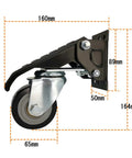 Heavy Duty Retractable Workbench Caster Wheel Set showing side view with dimensions, solid steel frame and durable polyurethane rollers.