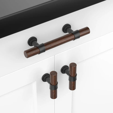 10 Pack 5 Inch Hole Center Cabinet Pulls With Authentic Wood Grain Look And Charcoal Black Zinc Body Designed With Heavy Duty Stainless Steel Construction Drawer Knobs That Feel Rock Solid And Next Level Hardware on white cabinets.