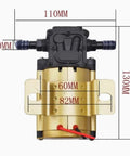 Professional Heavy Duty Gasoline Powered Water Transfer Pump with dimensions labeled, featuring a gold body and black motor.